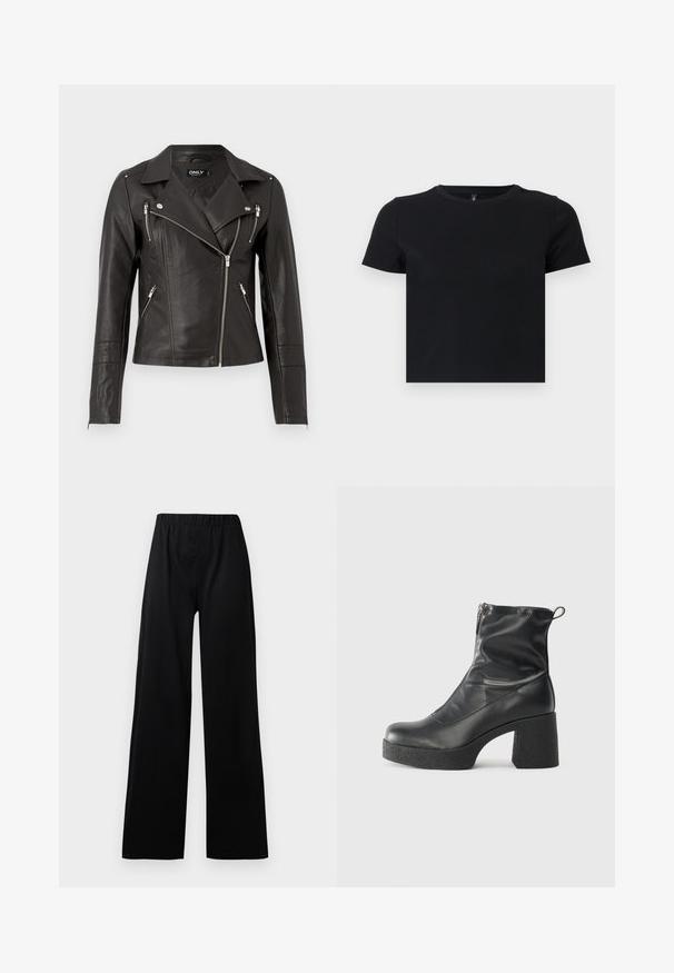 Must musta mootorratta jakk, millel on täpne disain, asümmeetriline eeslukk ja kolm lukuga taskut. Omab õlavarre epauletti.; Must musta särk lühikeste varrukatega, valmistatud pehmest puuvillast. Omab ümarat kaelust ja kergelt liibuvat disaini. Sile tekstuur ilma mustrite või aksessuaarideta.; Mustmust laiad püksid elastse vöökohtaga; valmistatud tekstureeritud kangast, millel on minimalistisch disain ja sirged sääred.; Mustad mustad ansapüksid, mis on valmistatud siledast nahast, külje zipperiga, paksu tekstuuriga kontsaga ja ümmarguse nina disainiga.