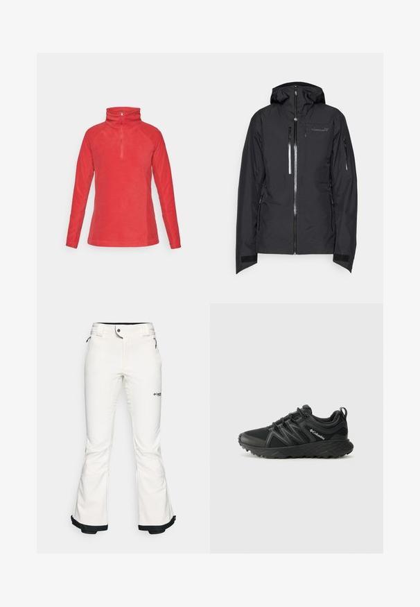 Juodas vandeniui atsparus švarkas su kapišonu, užtrauktuku priekyje, dviem užtrauktukais uždaromais kišenėmis ir Velcro rankogaliais. Išsiskiria elegantišku dizainu ir lengvu audiniu.; Raudonas pūkų megztinis su aukštu apykakle, pusiau užtrauktuku, ilgomis raglano rankovėmis, lygiu paviršiumi ir paprastu dizainu. Be raštų ar akcentų.; Baltos slidinėjimo kelnės, pagamintos iš minkštos, lankščios medžiagos. Yra prigludusi juosmens dalis, plačios išsiplėtusios kojų dalys ir juodo atvarto detalės ant kelnių apačios. Matomas prekės ženklo logotipas.; Columbia PEAKFREAK - Turistiniai batai - black