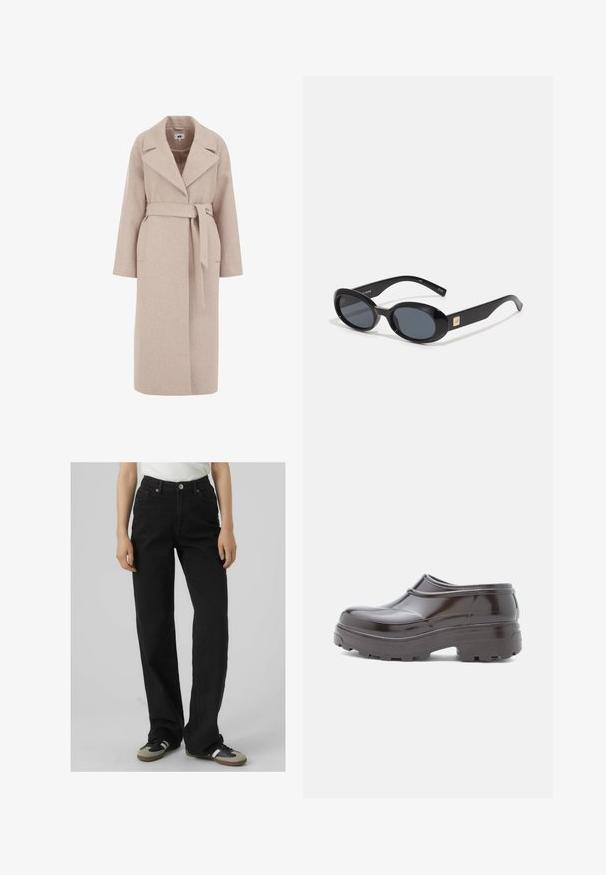 Světle béžový kabát z vlněné směsi s klopovým límcem, dlouhými rukávy, páskem v pase a bočními kapsami; hladká textura a délka ke kolenům.; Next RACER TANK - Top - white rib; Černé džíny s vysokým pasem a rovnými nohavicemi, vyrobené z denimu, s dvěma předními kapsami a mosaznými detaily.; Hnědé lesklé dřeváky s zaoblenou špičkou, zvýrazněným švem a silnou texturovanou podešví pro lepší přilnavost a oporu.; Černé oválné sluneční brýle s tmavými skly, lesklým plastovým rámem, širokými stranami a malým zlatým detailem na jedné straně.; Hnědá kabelka přes rameno z umělé kůže s zakřiveným tvarem, minimálním prošíváním a zlatým kovovým akcentem. Disponuje vrchním zipovým uzavíráním a nastavitelným popruhem.