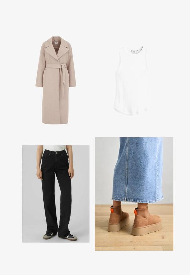 Abrigo de lana de mezcla beige claro con cuello muesca, mangas largas, cinturón en la cintura y bolsillos laterales; textura suave y diseño hasta la rodilla.; Next RACER TANK - Top - white rib; Jeans negros de cintura alta con un ajuste de pierna recta, hechos de denim, que cuentan con dos bolsillos frontales y detalles en latón.; Botas de plataforma de ante marrón con paneles laterales elásticos y tiradores naranjas, combinadas con una falda de mezclilla ligera hasta la rodilla sobre un suelo de madera.