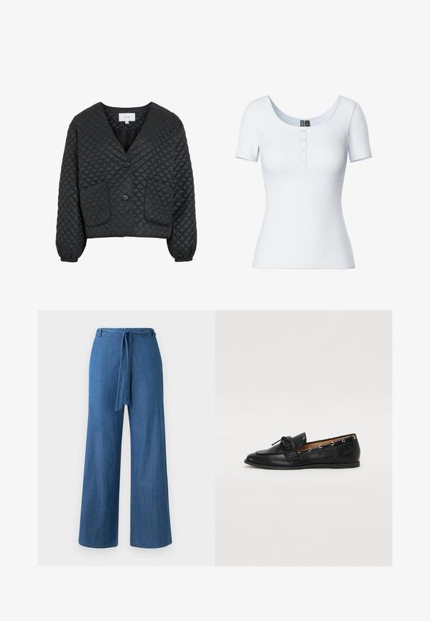 Μαύρο καπιτονέ μπουφάν με V-λαιμό, δύο μπροστινές τσέπες και κουμπί κλεισίματος. Διαθέτει ελαστικούς καρπούς και υφή λείου φινιρίσματος.; Pieces PCKITTE - Βασικό μπλουζάκι - bright white; Φαρδιές μπλε τζιν παντελόνες με ζώνη στο ύψος της μέσης, διαθέτοντας λεία υφή και χωρίς ορατά σχέδια ή μεταλλικά στοιχεία.; Μαύρες δερμάτινες μπαλαρίνες με σφιχτό φιόγκο, με χρυσές οπές στα πλάγια και επίπεδη ελαστική σόλα. Λείος υφής, κλασικός σχεδιασμός.