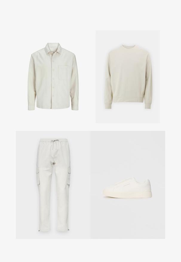Beige painasärk, mis on valmistatud puuvillast, klassikalise kraega, pika varrukaga, ühe rinna taskuga ja lõdva lõikega. Sile, pehme tekstuur.; Vaaleanbeige huppari, joka on valmistettu pehmeästä kankaasta, jossa on pyöreä kaula-aukko, pitkät hihat sekä joustavat hihansuut ja helma. Minimalistinen muotoilu, ilman näkyviä kuvioita.; Vaaleanbeige puuvillakankaiset cargo-housut, joissa on joustava vyötärö ja kiristysnauha. Housuissa on sivutaskut ja vetoketjut nilkoissa.; Valkoiset liukusukat, joissa on teksturoitu pinta, paksu pohja ja minimalistikot. Sivulla on brändin logo.