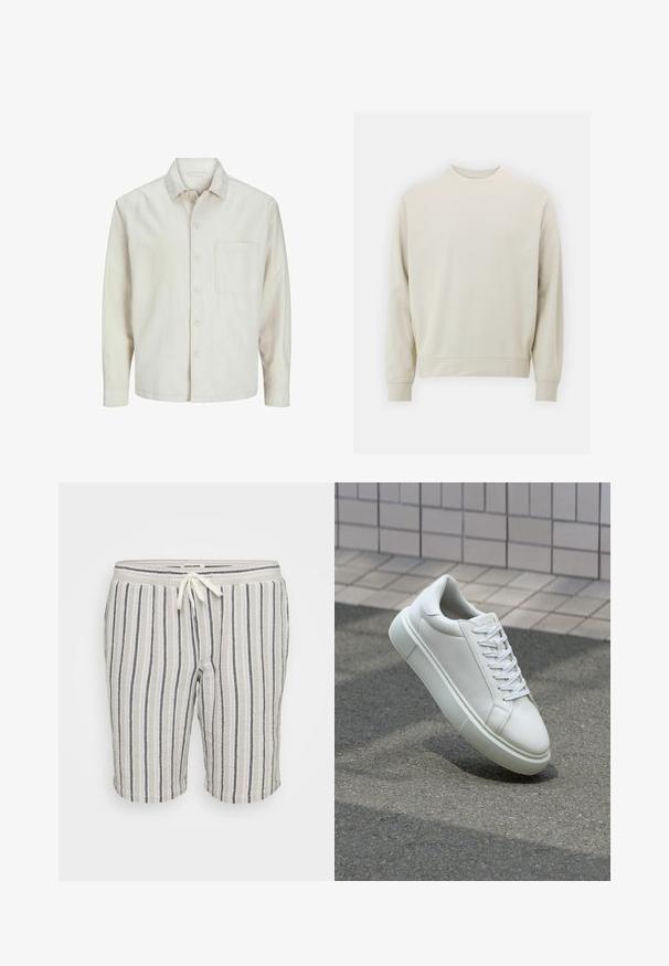 Camicia beige a bottoni realizzata in cotone con colletto classico, maniche lunghe, una tasca sul petto e una vestibilità rilassata. Texture liscia e morbida.; Felpa beige chiaro realizzata in morbido tessuto con collo rotondo, maniche lunghe e polsini e orlo a costine. Design minimalista, senza motivi visibili.; Shorts in tessuto misto lino con righe verticali grigio carbone e crema, dotati di una vita elastica con cordino e lunghezza sopra il ginocchio.; Sneaker bianco in pelle con superficie liscia, punta rotonda e lacci piatti bianchi. Presenta una suola in gomma texturizzata e un design minimale.