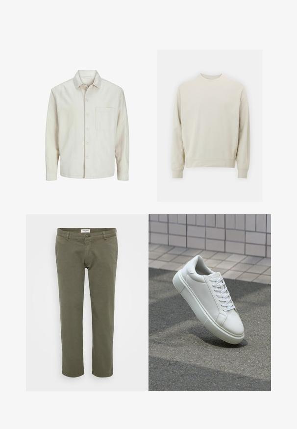 Šviesiai rudos spalvos medvilninis marškinis su klasikiniais atvartais, ilgomis rankovėmis, viena krūtine kišenė ir laisvas fasonas. Sklandus, minkštas paviršius.; Šviesiai smėlinis džemperis, pagamintas iš minkštos medžiagos, su apvaliu kaklu, ilgomis rankovėmis, ir rebrastu rankogaliu bei apatine dalimi. Minimalistinis dizainas, be matomų raštų.; Olive spalvos džinsai su tiesiu kirpimu, pagaminti iš medvilnės su nedidele tekstūra, su mygtukų užsegimu ir dirželių kilpomis.; Balti odiniai sportbačiai su lygiu paviršiumi, apvalia nosimi ir plokščiomis baltomis raištelėmis. Yra tekstūruotas gumos padas ir minimalizmas dizaino elementuose.