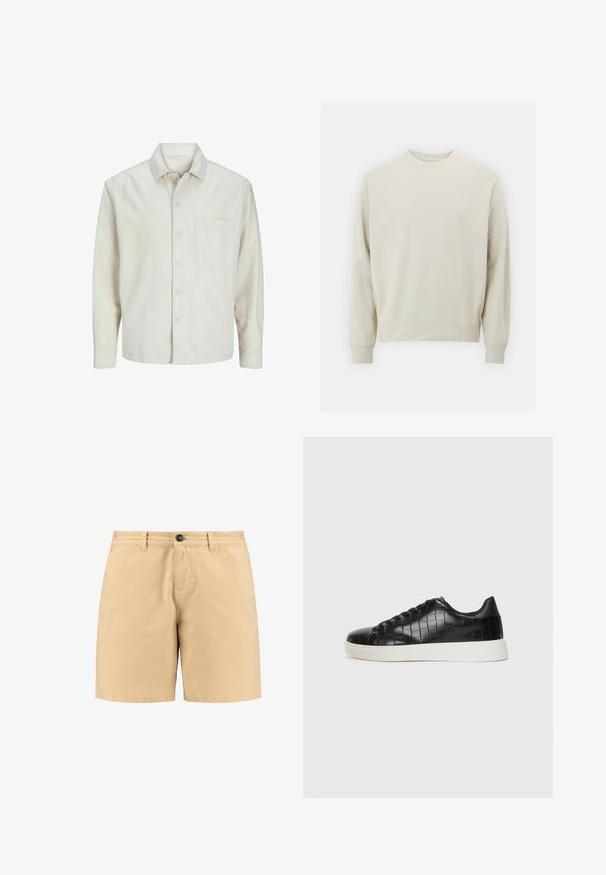 Beige košile na knoflíky vyrobená z bavlny s klasickým límcem, dlouhými rukávy, jednou náprsní kapsou a uvolněným střihem. Hladká a jemná textura.; Světle béžová mikina vyrobená z jemné látky s kulatým výstřihem, dlouhými rukávy a pružnými manžetami a spodním lemem. Minimalistický design, bez viditelných vzorů.; Béžové bavlněné šortky s knoflíkovým zapínáním, předními kapsami a poutky na opasek. Jednoduchý design s rovný linii a hladkou texturou.; Černé tenisky s texturovaným vrškem z kůže s embosovaným hadím vzorem, kulatou špičkou a kontrastní bílou gumovou podrážkou s hladkým povrchem.