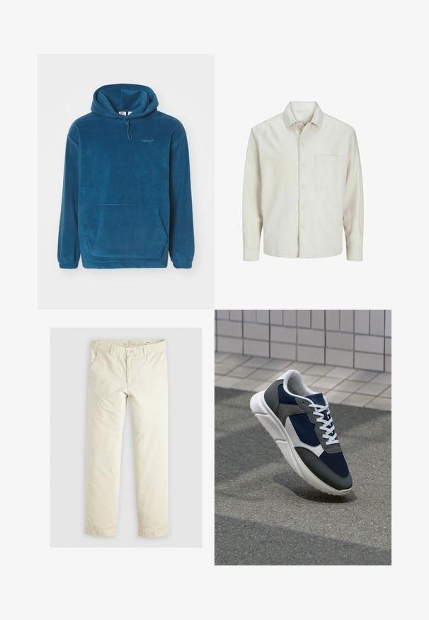 Camicia beige a bottoni realizzata in cotone con colletto classico, maniche lunghe, una tasca sul petto e una vestibilità rilassata. Texture liscia e morbida.; Felpa blu in pile con tasca a marsupio, cappuccio regolabile con cordino e polsini elasticizzati. Presenta un logo discreto sul petto.; Pantaloni ampi di colore beige chiaro con tre tasche, passanti per la cintura e design a gamba dritta. Realizzati in un morbido tessuto misto cotone.; Sneaker con tomaia in rete blu navy, inserti in suede grigio, suola in gomma bianca e lacci bianchi piatti, progettata per comfort e traspirabilità.