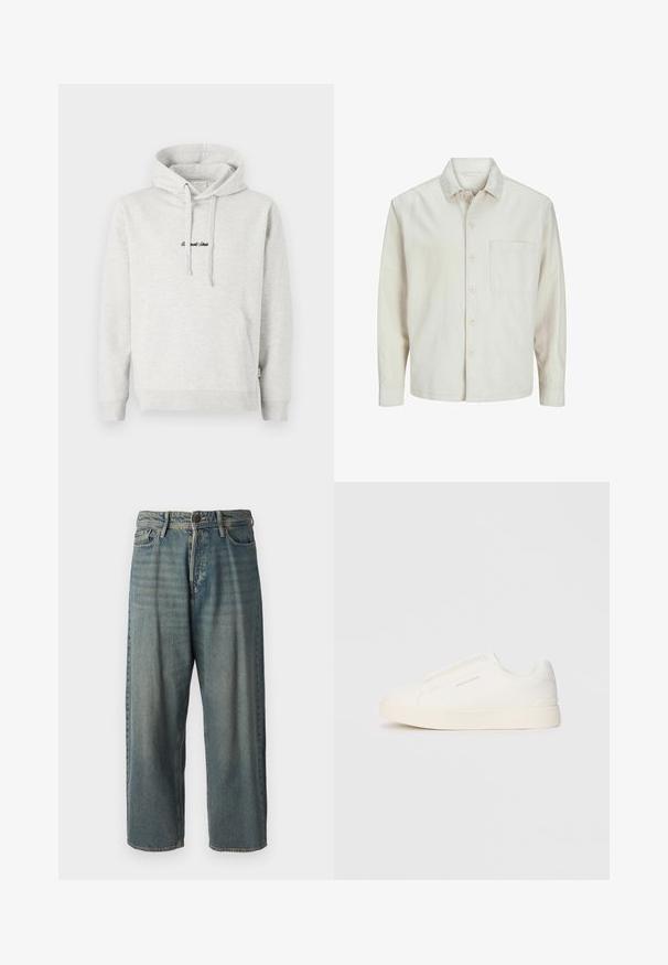 Beige košile na knoflíky vyrobená z bavlny s klasickým límcem, dlouhými rukávy, jednou náprsní kapsou a uvolněným střihem. Hladká a jemná textura.; Světle šedá mikina s klokaní kapsou, kapucí se šňůrkami a vyšitým textem černou barvou na přední straně. Materiál je smíchaná bavlna, manžety jsou žebrované.; Světle modré denimové džíny s volným střihem, středně vysokým pasem a rovnými nohavicemi. Obsahují pět kapes, poutka na opasek a zapínání na knoflík.; Bílé slip-on tenisky s texturovaným povrchem, silnou podešví a minimalistickým designem. Na boku je umístěno logo značky.