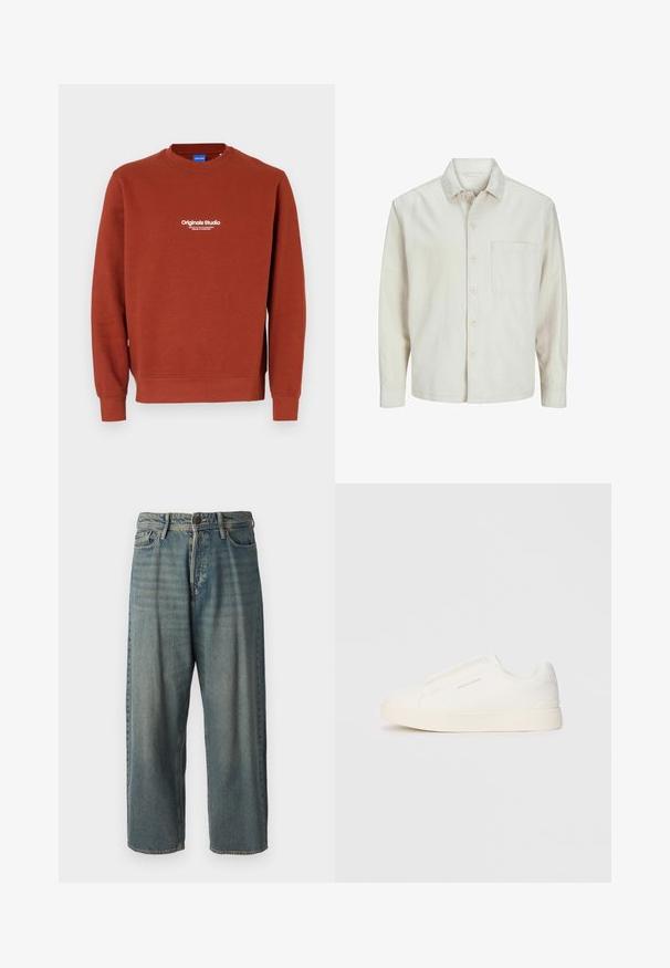 Camicia beige a bottoni realizzata in cotone con colletto classico, maniche lunghe, una tasca sul petto e una vestibilità rilassata. Texture liscia e morbida.; Felpa color ruggine realizzata in tessuto morbido. Presenta un collo a giro e maniche lunghe. Il testo bianco sul davanti riporta "Originals Studio."; Jeans di denim azzurro chiaro con vestibilità ampia, vita media e gambe dritte. Presenta cinque tasche, passanti per cintura e chiusura con bottone.; Sneakers bianchi slip-on con superficie texturizzata, suola spessa e design minimalista. Presentano il logo del marchio sul lato.