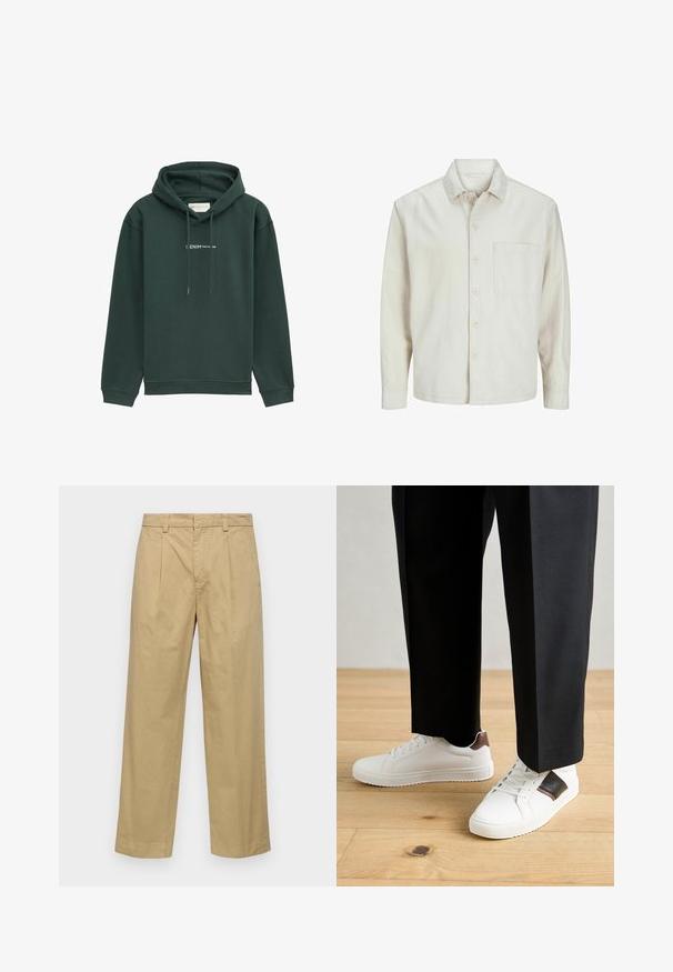 Beige painasärk, mis on valmistatud puuvillast, klassikalise kraega, pika varrukaga, ühe rinna taskuga ja lõdva lõikega. Sile, pehme tekstuur.; Vihreä huppari, joka on valmistettu pehmeästä kankaasta, ja jossa on etutasku ja narut. Rintamuksessa on valkoinen teksti-logo.; Beige puuvillahousut suoran lahkeen designilla, joissa on etuplehdit ja sivutaskut. Kangas on sileä ja pehmeä.; Valkoiset tennarit, joissa on sileä pinta, ruskealla nahka-akentilla ja mustilla yksityiskohdilla, yhdistetty mustiin räätälöityihin housuihin. Taustalla puulattia.