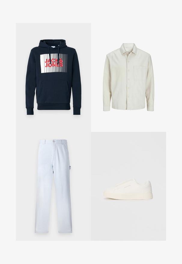 Camicia beige a bottoni realizzata in cotone con colletto classico, maniche lunghe, una tasca sul petto e una vestibilità rilassata. Texture liscia e morbida.; Felpa in cotone blu navy con tasca frontale a marsupio, cappuccio con cordino e grafica rettangolare bianca con testo rosso in grassetto "JACK & JONES".; Pantaloni a righe blu chiaro realizzati in cotone. Design a gamba dritta, con chiusura frontale a bottone e tasche laterali. Texture morbida.; Sneakers bianchi slip-on con superficie texturizzata, suola spessa e design minimalista. Presentano il logo del marchio sul lato.