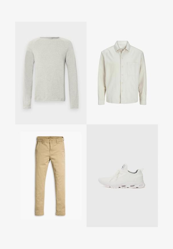 Bež srajca s gumbi, izdelana iz bombaža, s klasičnim ovratnikom, dolgimi rokavi, enim žepom na prsih in sproščenim krojem. Gladka, mehka tekstura.; Svijetlosiva majica dugih rukava s okruglim izrezom, teksturirana tkanina i raglan rukavi. Jednostavan dizajn, bez vidljivih logotipa ili uzoraka.; Bež chinos hlače iz bombaža, s ravnim krojem, sprednjimi in zadnjimi žepi ter gumbom za zapiranje in pasom za pas.; Bela atletska obuća z značilnom pletenom gornjom stranom, ravnim vezicama i podlogom s jastučićem koja ima vidljive zračne komore za dodatnu potporu.