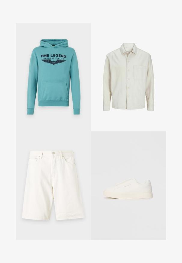 Beżowa koszula z długim rękawem wykonana z bawełny, z klasycznym kołnierzykiem, jedną kieszenią na piersi i luźnym krojem. Gładka, miękka faktura.; Turkusowa bluza z kapturem z mieszanki bawełny, z przednią kieszenią kangurką, ściągaczami przy rękawach oraz centralnym grafiką z napisem "PME LEGEND AMERICAN CLASSIC".; Białe szorty z denimu o prostym kroju, z paskami do przewlekania, zamek błyskawiczny oraz dwie kieszenie z przodu. Gładka tekstura i prosty design.; Białe sneakersy wsuwane z teksturowanej powierzchni, grubą podeszwą i minimalistycznym designem. Zawierają logo marki z boku.
