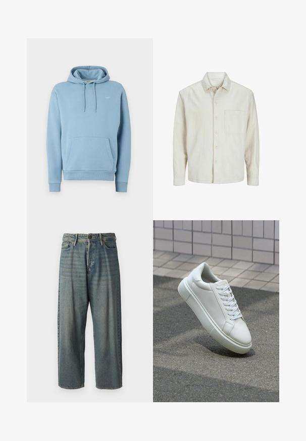 Beige nööbiga särk, mis on valmistatud puuvillast, klassikalise krae, pikkade varrukate, ühe rinnatasku ja avara lõikega. Sujuv, pehme tekstuur.; Heledad sinine kapuutsiga jakki pehme kangaga, millel on esitasku, elastne kapuuts ja väike logo rinnal.; Heledad sinine denim-stiilis teksad, volüümse lõike, keskmise kõrgusega talje ja sirgete säärega. Omab viit taskut, vöökumme ja nööpide sulgemist.; Valge nahkline sneka, millel on sile pind, ümar varvas ja lame valge pael. Omab tekstuuriga kummist talla ja minimaalset kujunduselementi.