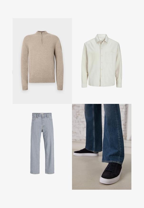 Beige overhemd met knopen, gemaakt van katoen, met een klassieke kraag, lange mouwen, één borstzak en een comfortabele pasvorm. Glad, zacht textuur.; Beige gebreide pullover met een halflange ritskraag, geribbelde manchetten en zoom. Gladde textuur met een aansluitende snit.; Lichtblauwe denim jeans met een relaxed fit, rechte pijpen, zichtbare stiksels, twee voorzakken en een knoopsluiting.; Donkerblauwe suède sneakers met een witte rubberen zool en veters, gecombineerd met wijde denimjeans in een middelblauwe wassing.