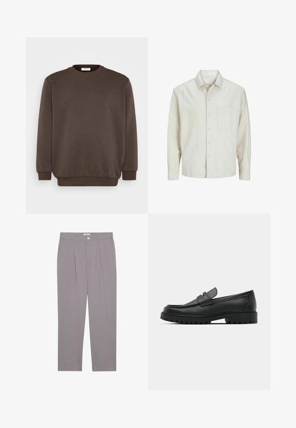 Bež srajca s gumbi, izdelana iz bombaža, s klasičnim ovratnikom, dolgimi rokavi, enim žepom na prsih in sproščenim krojem. Gladka, mehka tekstura.; Jack & Jones JJEBRADLEY CREW - Športni pulover - mulch; Sive elegantne hlače s ravnim krojem, ki imajo dve sprednji žepni, pliskane in gumbasto zapiranje. Narejene so iz lahko tkanine.; Črne usnjene loafers čevlje z zaobljenim nosom, ki imajo šivano zasnovo, nizko platformo in teksturiran, profiliran gumijast podplat.