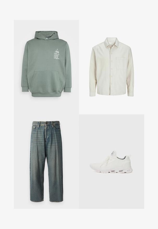 Chemise beige à manches longues en coton, avec un col classique, une poche poitrine et une coupe décontractée. Texture lisse et douce.; Sweat à capuche vert clair en tissu doux. Comprend une poche frontale, une capuche avec cordon de serrage, et un texte imprimé avec un design graphique sur la poitrine.; Jeans en denim bleu clair avec une coupe ample, taille mi-haute et jambes droites. Comprend cinq poches, des passants de ceinture et une fermeture à bouton.; Baskets blanches de sport avec un dessus en maille texturée, des lacets plats et une semelle rembourrée avec des chambres à air visibles pour un soutien supplémentaire.