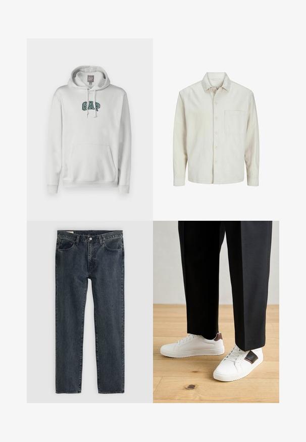 Beige színű, pamut anyagú gombos ing, klasszikus gallérral, hosszú ujjakkal, egy mellzsebbel és laza szabással. Sima, puha tapintású.; GAP TONAL ARCH - Kapucnis pulóver - carls stone; Sötétkék farmernadrág, egyenes lábú fazonnal, öt zsebbel és gombos zipzárral. Az anyag enyhe kopást és textúrát mutat.; Fehér sneaker, sima textúrával, barna bőr díszítéssel és fekete részletekkel, fekete szabott nadrággal párosítva. Fából készült padló háttér.