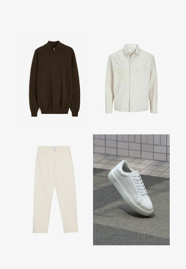 Beige overhemd met knopen, gemaakt van katoen, met een klassieke kraag, lange mouwen, één borstzak en een comfortabele pasvorm. Glad, zacht textuur.; Bruine trui met hoge kraag, halve rits en geribde manchetten en zoom. Heeft een gladde, gebreide textuur.; Beige denim jeans met een rechte pasvorm, voorzien van vijf zakken, een knoopsluiting en subtiele stikseldetails. Gladde textuur.; Witte leren sneaker met een glad oppervlak, ronde neus en platte witte veters. Voorzien van een gestructureerde rubberen zool en minimale ontwerpelementen.