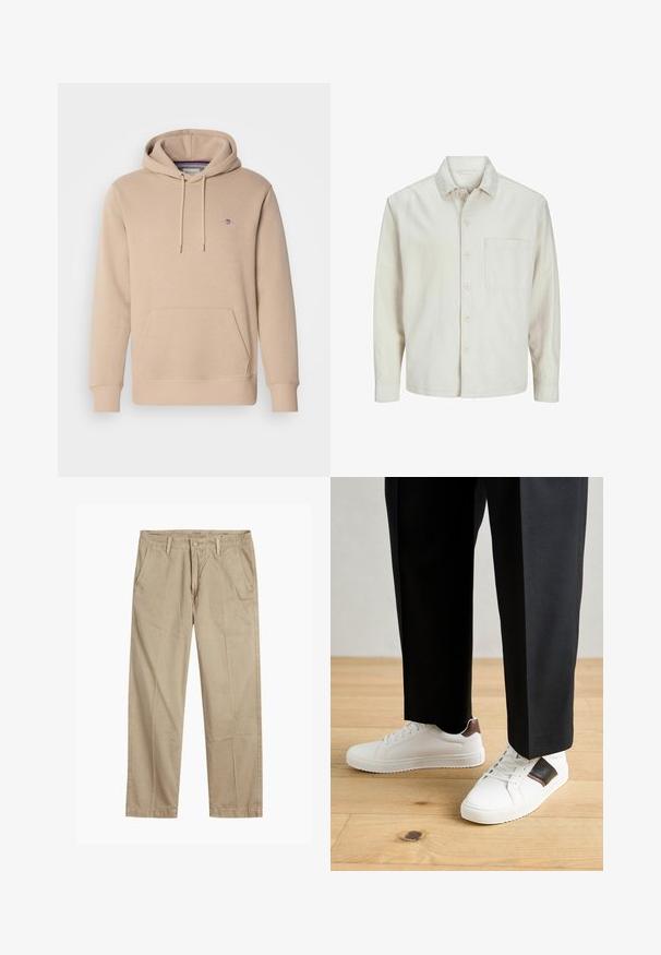 Béžová košeľa s gombíkmi vyrobená z bavlny, s klasickým golierom, dlhými rukávmi, jednou náprsní kapsou a voľným strihom. Hladká, mäkká textúra.; Béžová mikina vyrobená z mäkkého materiálu, s prednou vreckom, nastaviteľnou šnúrkou a vyšitým logom na hrudi.; Béžové chinos nohavice rovného strihu s pútkami na opasok, predným gombíkom a zipsom, a šikmými prednými vreckami.; Biele tenisky s hladkým povrchom, s hnedými koženými akcentmi a čiernymi detailmi, spárované s čiernymi elegantnými nohavicami. Pozadím je drevená podlaha.