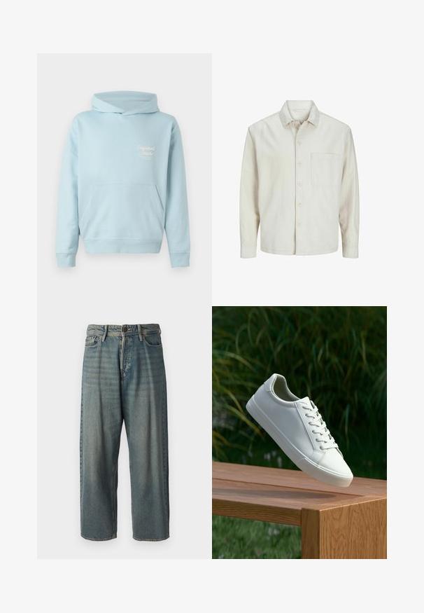 Bež srajca s gumbi, izdelana iz bombaža, s klasičnim ovratnikom, dolgimi rokavi, enim žepom na prsih in sproščenim krojem. Gladka, mehka tekstura.; Svetlo modra kapuca z žepom spredaj, rebrastimi manšeti in vezenim logotipom na prsih. Mehka tkanina in sproščen kroj.; Svetlomoderne kavbojke z ohlapnim krojem, srednjim pasom in ravnimi nogami. Imajo pet žepov, zanke za pas in zapiranje na gumb.; Beli vezani športni čevlji, ki lebde nad leseno klopjo z zelenim rastlinjem v ozadju, prikazujejo obliko in teksturo čevlja.