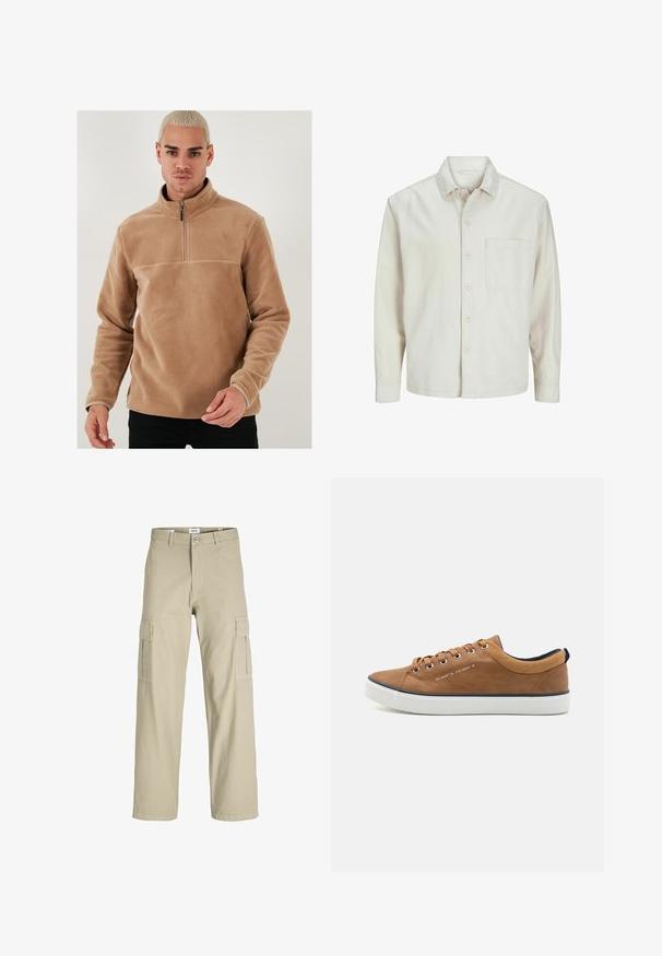 Šviesiai rudos spalvos medvilninis marškinis su klasikiniais atvartais, ilgomis rankovėmis, viena krūtine kišenė ir laisvas fasonas. Sklandus, minkštas paviršius.; Smėlio spalvos pūkinis megztinis su pusiau užtrauktuku ir ilgomis rankovėmis. Jis pasižymi lygiu paviršiumi ir vientisa spalva be raštų ar akcentų.; Šviesiai rudos spalvos cargo kelnės, pagamintos iš lengvos medžiagos, su laisvu siluetu, dviem šoniniais kišenėmis ir mygtuko užsegimu.; Rudos odinės sportbačiai su apvaliu nosiu, balta padu ir tamsiai mėlynomis detalėmis. Yra metaliniai akių laikikliai ir tekstūruota apykaklė.