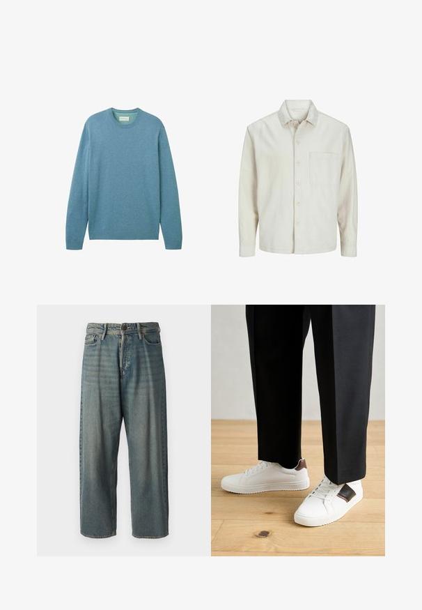 Camicia beige a bottoni realizzata in cotone con colletto classico, maniche lunghe, una tasca sul petto e una vestibilità rilassata. Texture liscia e morbida.; Maglione azzurro chiaro realizzato in morbido tessuto, con maniche lunghe e collo rotondo. I polsini e l'orlo a costine aggiungono texture. Nessun motivo visibile.; Jeans di denim azzurro chiaro con vestibilità ampia, vita media e gambe dritte. Presenta cinque tasche, passanti per cintura e chiusura con bottone.; Sneakers bianchi dalla texture liscia, con dettagli in pelle marrone e particolari neri, abbinati a pantaloni neri su misura. Sfondo in parquet.