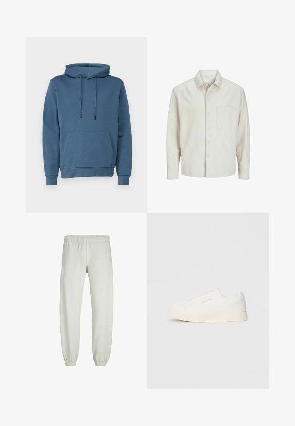 Camisa de botón de color beige hecha de algodón, con un cuello clásico, mangas largas, un bolsillo en el pecho y un corte relajado. Textura suave y lisa.; Sudadera con capucha en azul, con un bolsillo frontal, cordones, puños y dobladillo acanalados. Fabricada con una tela suave y texturizada.; Pantalones de chándal blancos hechos de una tela suave, con cinturilla y puños elásticos, que presentan una textura suave y un diseño holgado.; Zapatillas blancas tipo slip-on con una superficie texturizada, suela gruesa y diseño minimalista. Presenta el logo de la marca en un lado.