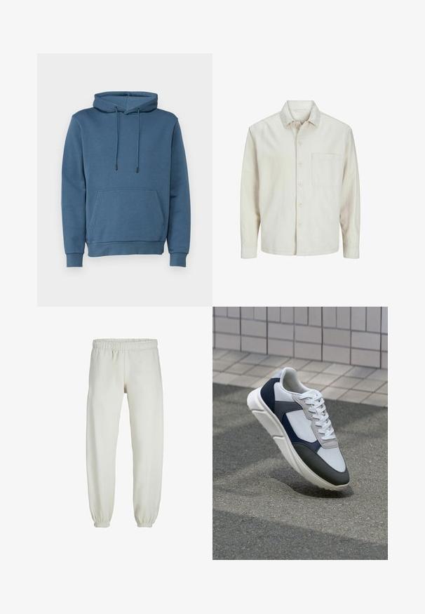 Camisa de botón de color beige hecha de algodón, con un cuello clásico, mangas largas, un bolsillo en el pecho y un corte relajado. Textura suave y lisa.; Sudadera con capucha en azul, con un bolsillo frontal, cordones, puños y dobladillo acanalados. Fabricada con una tela suave y texturizada.; Pantalones de chándal blancos hechos de una tela suave, con cinturilla y puños elásticos, que presentan una textura suave y un diseño holgado.; Zapatilla blanca, azul marino y gris con un diseño de materiales mixtos, que presenta una parte superior texturizada, cordones planos y una suela acolchada.