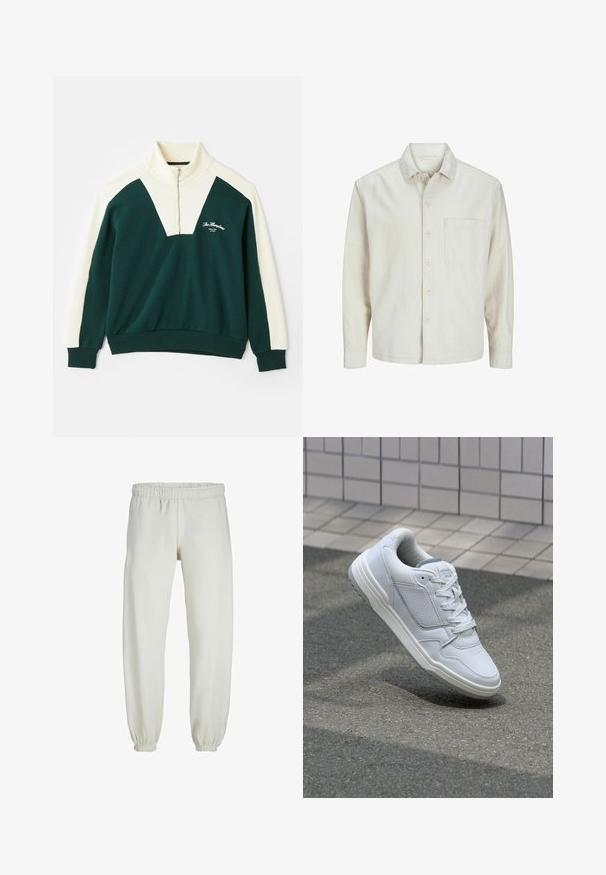 Beige nööbiga särk, mis on valmistatud puuvillast, klassikalise krae, pikkade varrukate, ühe rinnatasku ja avara lõikega. Sujuv, pehme tekstuur.; Pier One Pusa - dark green; Valged trennipüksid, mis on valmistatud pehmest kangast, elastse vöökoha ja mansettidega, sileda tekstuuri ja lõdva lõikega.; Valge nahkne toss, millel on perforeeritud külgedega, tekstuuriga aktsendid, lame pael ja kontrastne hall konts. Omab veidi tõstetud tallat.