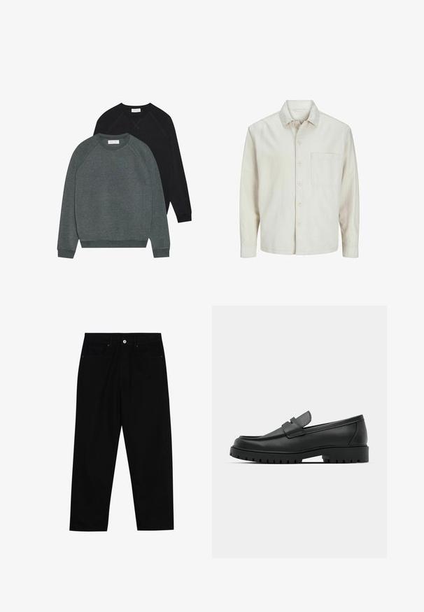 Beige pogrieta krekls no kokvilnas ar klasisku apkakli, garām piedurknēm, vienu krūšpocketu un brīvu piegriezumu. Gluda, maiga tekstūra.; Divas divi hlači: viena tumši zaļa un otra melna. Abas ir ar raglan piedurknēm, ribotām aprocēm un mīkstu, teksturētu audumu.; Melni džinsi ar taisnu kāju griezumu, piecu kabatu dizainu un priekšēju pogu aizdari. Gluda tekstūra ar minimālu šuvju detaļu skaitu.; Melnas ādas loafers ar noapaļotu purngalu, ar izšūtu dizainu, zemu platformas zoli un teksturētu, rievotu gumijas ārējo zoli.