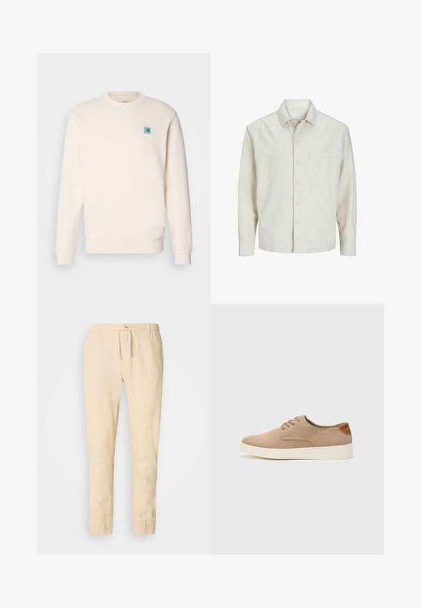 Cămașă bej cu nasturi, din bumbac, cu guler clasic, mâneci lungi, un buzunar la piept și o croială lejeră. Textură netedă și moale.; Hanorac crem dintr-un material moale, având un guler rotund, manșete ribelate, un tiv drept și un mic emblema albastră pe piept.; Pantaloni din in bej deschis cu talie reglabilă, cu picioare conice și manșete elastice. Design simplu, cu o textură subtilă.; Tenisi din suede bej cu vârf rotund, sistem de șireturi în față și un accent texturat în spate. Talpa albă din cauciuc oferă un contrast. Design simplu și modern.