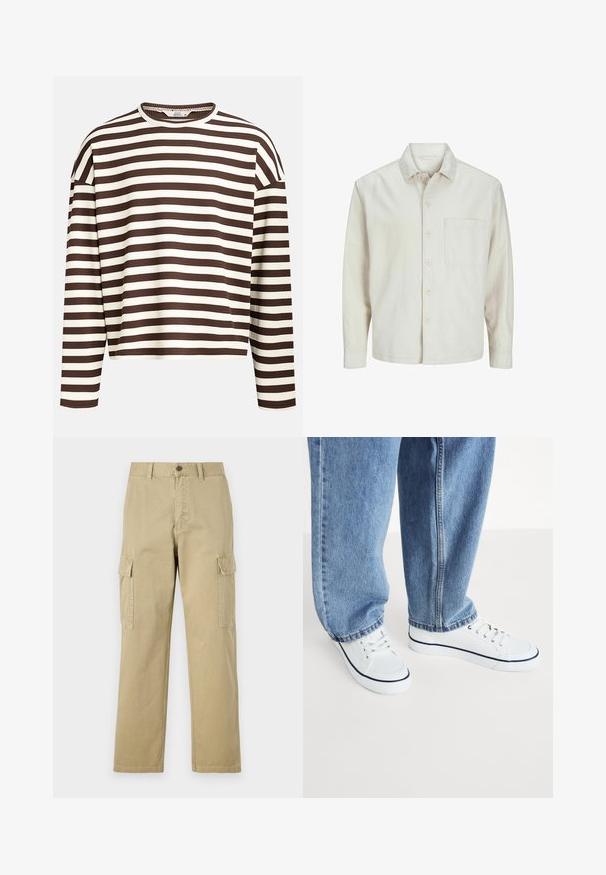 Beżowa koszula z długim rękawem wykonana z bawełny, z klasycznym kołnierzykiem, jedną kieszenią na piersi i luźnym krojem. Gładka, miękka faktura.; Brązowo-kremowy, paskowany, longsleeve z okrągłym dekoltem, prążkowaną strukturą i obniżonymi szwami na ramionach, z krótkim krojem.; Beżowe spodnie cargo wykonane z bawełny, z dwoma bocznymi kieszeniami, z zapięciem na guzik oraz prostymi nogawkami z lekko teksturowanej tkaniny.; Białe płócienne trampki z granatowymi akcentami, okrągły czubek i sznurowany design, w połączeniu z jasnoniebieskimi dżinsami o luźnym kroju.