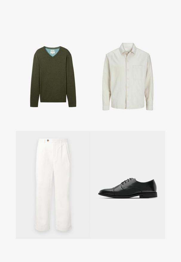 Beige színű, pamut anyagú gombos ing, klasszikus gallérral, hosszú ujjakkal, egy mellzsebbel és laza szabással. Sima, puha tapintású.; TOM TAILOR MIT V-AUSSCHNITT - Pulóver - rosin green melange; Fehér pamut nadrág, egyenes szabással, két elülső plissével, egy gombos záródással és oldalsó zsebekkel. Sima textúra.; Fekete bőr férfi dresszcipő, lekerekített orral, fűzős kialakítással, diszkrét varrási részletekkel és alacsony sarokkal. Simább felület, fényes kivitel.