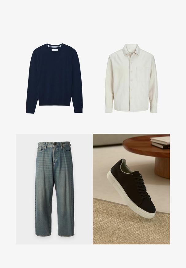 Beige nööbiga särk, mis on valmistatud puuvillast, klassikalise krae, pikkade varrukate, ühe rinnatasku ja avara lõikega. Sujuv, pehme tekstuur.; Tume sinine kudumispusa, millel on ümar kaelus, pikad varrukad ja soonikkoes mansetid. Kaeluse ääres on kontrastsete triipudega detail.; Heledad sinine denim-stiilis teksad, volüümse lõike, keskmise kõrgusega talje ja sirgete säärega. Omab viit taskut, vöökumme ja nööpide sulgemist.; Mustad musta tossuga valge tallaga, mis hõljub beeži tekstuuriga vaiba kohal, ümaral puidust laual, mille peal on kokku virnastatud raamatud.