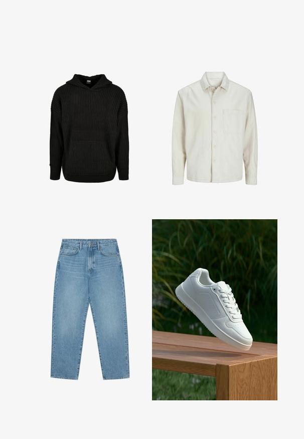 Cămașă bej cu nasturi, din bumbac, cu guler clasic, mâneci lungi, un buzunar la piept și o croială lejeră. Textură netedă și moale.; Hanorac negru din tricot cu milimetri, cu buzunar frontal și glugă cu șnur. Dispune de o croială largă și un model texturat pe material.; Jeans din denim albastru deschis cu croială largă și talie înaltă, având cinci buzunare, bucle pentru curea și o textură moale, ușor decolorată.; Sneaker alb cu un upper sintetic neted, cu vârf perforat, șireturi plate și o talpă texturată, expus pe o suprafață de lemn.