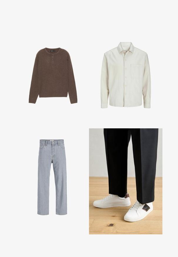 Cămașă bej cu nasturi, din bumbac, cu guler clasic, mâneci lungi, un buzunar la piept și o croială lejeră. Textură netedă și moale.; Top lung cu mânecă lungă, de culoare maronie, din tricot cu nervuri, cu guler rotund și placket cu trei butoane. Prezintă o croială dreaptă și o textură moale.; Jeanși din denim bleu deschis cu o croială lejeră, design cu picior drept, cusături vizibile, două buzunare frontale și închidere cu nasture.; Sneakers albe cu textură netedă, având accente din piele maro și detalii negre, asociate cu pantaloni negri pe măsură. Fundal din podea din lemn.