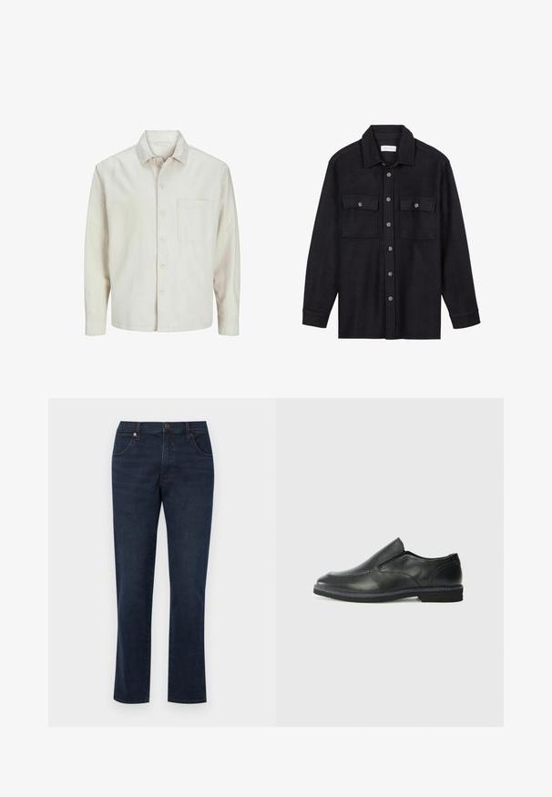 Beige nööbiga särk, mis on valmistatud puuvillast, klassikalise krae, pikkade varrukate, ühe rinnatasku ja avara lõikega. Sujuv, pehme tekstuur.; Must musta särgjakker, millel on krae, esitaskute klapp, kaks rinna taskut ja pikad varrukad. Pehme tekstuur, nähtavaid mustreid pole.; Tumed sinine denim sirged püksid omavad klassikalist disaini viie taskuga, metallnupu sulgemise ja minimalistlike õmbluse detailidega.; Must musta laia suuga king, millel on sile ülemine osa, õmmeldud detailid, ümmargune nina ja madal kummist konts. Tallal on minimaalne mustr.