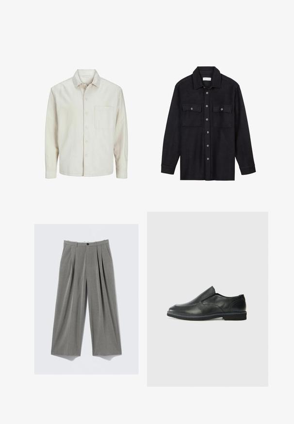 Beige színű, pamut anyagú gombos ing, klasszikus gallérral, hosszú ujjakkal, egy mellzsebbel és laza szabással. Sima, puha tapintású.; Fekete gyapjúpóló dzseki gallérral, elülső gombos záródással, két mellzsebbel és hosszú ujjakkal. Puha tapintású, látható minták nélkül.; Szürke csíkozott, bőv szabású elegáns nadrág, ami elöl redőzött, övlyukakkal, oldalzsebekkel és fekete gombos záródással rendelkezik.; Fekete bőr, slip-on cipő sima felsőrésszel, varrott díszítéssel, lekerekített orral és alacsony gumitalppal. A talpa minimális bordázattal rendelkezik.