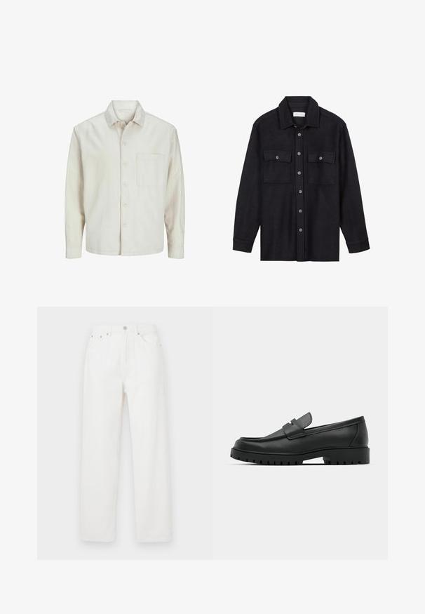 Šviesiai rudos spalvos medvilninis marškinis su klasikiniais atvartais, ilgomis rankovėmis, viena krūtine kišenė ir laisvas fasonas. Sklandus, minkštas paviršius.; Juodas vilnonis marškinėlių švarkas su apykakle, priekiniais mygtukais, dviem krūtinės kišenėmis ir ilgomis rankovėmis. Minkšta tekstūra, be matomų raštų.; Balti džinsai su laisvu siluetu, turintys penkių kišenių dizainą, priekyje užsegamus mygtuku ir tiesiomis kojomis. Lygus paviršius, be matomų raštų.; Juodi odiniai loaferiai su apvalia nosimi, su siuvinėtu dizainu, žemu platformos padu ir tekstūruotu, sukibimo raštu padu.