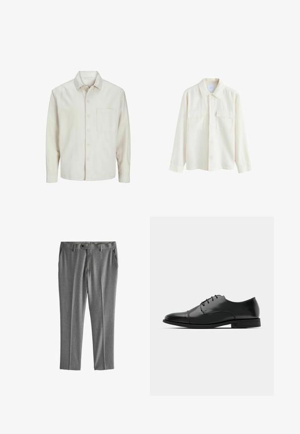 Beige pogrieta krekls no kokvilnas ar klasisku apkakli, garām piedurknēm, vienu krūšpocketu un brīvu piegriezumu. Gluda, maiga tekstūra.; Krēmkrāsas krekls ar pogām, izgatavots no tekstūrēta auduma, ar apkakli, divām krūšu kabatām un garām piedurknēm ar pogu aprocēm.; Pelēki bikses, izgatavotas no strukturēta auduma, ar sānu kabatām, pogu aizdari un taisnu kāju dizainu ar kroku priekšā.; Melnas ādas vadmalas kurpes ar noapaļotu purngalu, saistījuma dizains, smalkas izšuvumu detaļas un zema papēža. Gluda tekstūra ar spīdīgu apdari.