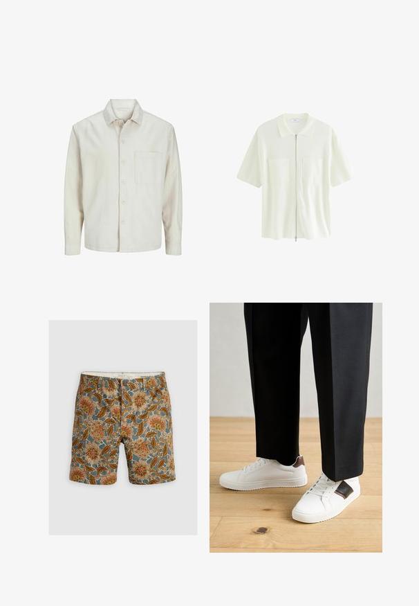 Beige Hemd mit Knopfleiste aus Baumwolle, klassischem Kragen, langen Ärmeln, einer Brusttasche und lockerer Passform. Glatte, weiche Textur.; Kurzärmliges, weißes Kapuzenshirt aus strukturiertem Stoff mit Kragen und zwei Vordertaschen mit quadratischen Klappen.; Musterkurze Hosen mit blauem Hintergrund und floralen Designs in Braun, Orange und Creme. Aus Baumwolle mit Knopfverschluss gefertigt.; Weiße Sneakers mit glatter Textur, versehen mit braunen Lederakzenten und schwarzen Details, kombiniert mit schwarzen maßgeschneiderten Hosen. Hintergrund aus Holzboden.