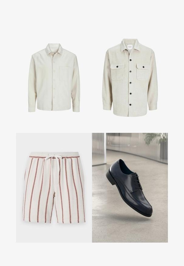 Cămașă bej cu nasturi, din bumbac, cu guler clasic, mâneci lungi, un buzunar la piept și o croială lejeră. Textură netedă și moale.; Cămașă din flanel bej cu guler, având două buzunare pe piept, nasturi negri și mâneci lungi cu manșete cu nasturi.; Pantaloni scurți din bumbac, cu talie elastică reglabilă, fundal crem cu dungi verticale de culoare ruginie, material texturat și croială lejeră.; Pantofii eleganți din piele veritabilă neagră, cu șireturi, plutind deasupra unui podea netedă, de culoare gri deschis, cu bare metalice verticale în fundal.