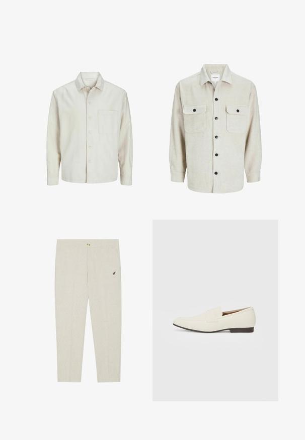 Beige overhemd met knopen, gemaakt van katoen, met een klassieke kraag, lange mouwen, één borstzak en een comfortabele pasvorm. Glad, zacht textuur.; Beige flanellen overhemd met een kraaglijn, voorzien van twee borstzakken, zwarte knopen en lange mouwen met knoopmanchetten.; Lichtbeige op maat gemaakte broek met subtiele textuur, voorzien van een knoopsluiting en een geborduurd donker embleem nabij de zak.; Lichtbeige loafers met een spitse neus, glad materiaal, een band over de wreef en een lage bruine zool. Eenvoudig ontwerp met minimale accenten.