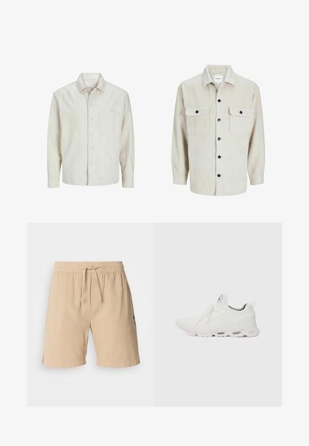 Beige košile na knoflíky vyrobená z bavlny s klasickým límcem, dlouhými rukávy, jednou náprsní kapsou a uvolněným střihem. Hladká a jemná textura.; Bežová flanelová košile s límcem, obsahující dvě náprsní kapsy, černé knoflíky a dlouhé rukávy s zapínáním na knoflíky.; Béžové šortky vyrobené z bavlny s elastickým páskem, stahovací šňůrkou, bočními kapsami a prošitými detaily na okrajích.; Bílé sportovní boty s texturovaným pleteným svrškem, plochými tkaničkami a polstrovanou podešví s viditelnými vzduchovými komorami pro zvýšenou podporu.