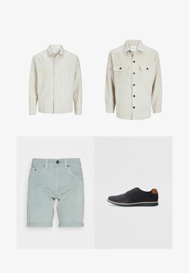 Béžová košeľa s gombíkmi vyrobená z bavlny, s klasickým golierom, dlhými rukávmi, jednou náprsní kapsou a voľným strihom. Hladká, mäkká textúra.; Bežová flanelová košeľa s golierom, obsahujúca dve náprsné vrecká, čierne gombíky a dlhé rukávy s gombíkovými manžetami.; Svetlo modré džínsové šortky s rolovaným lemom, majúce predné vrecká a jedno čierne gombíkové zapínanie v páse. Hladká textúra.; Čierne syntetické topánky so štruktúrovaným zvrškom, hladkými akcentmi, hnedým opätkom a kontrastnou podrážkou. Majú minimálne šnurovanie a detaily prešitia.