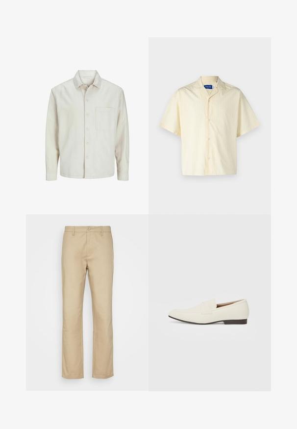 Beżowa koszula z długim rękawem wykonana z bawełny, z klasycznym kołnierzykiem, jedną kieszenią na piersi i luźnym krojem. Gładka, miękka faktura.; Jack & Jones JORBOXY biały; Beżowe chinosy, prosta nogawka, materiał mieszany bawełniany, zapięcie na guziki z przodu, szlufki na pasek oraz wykończone mankiety. Brak widocznych wzorów lub akcentów.; Jasne beżowe mokasyny z wąskim noskiem, gładkim materiałem, paskiem na wierzchu stopy oraz niską brązową podeszwą. Prosty design z minimalnymi akcentami.
