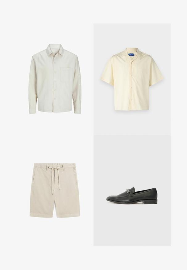 Camicia beige a bottoni realizzata in cotone con colletto classico, maniche lunghe, una tasca sul petto e una vestibilità rilassata. Texture liscia e morbida.; Jack & Jones JORBOXY SHIRT - Camicia - antique white; Bermuda beige realizzati in tessuto leggero. Presentano una vita elasticizzata con cordino, due tasche frontali e un design a gamba dritta.; Mocassino in pelle nera con finitura liscia, caratterizzato da un design cucito e da un accento decorativo in catena metallica sul vamp. Tacco piatto.