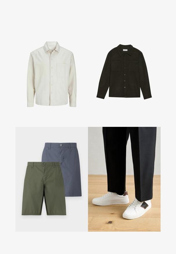 Béžová košeľa s gombíkmi vyrobená z bavlny, s klasickým golierom, dlhými rukávmi, jednou náprsní kapsou a voľným strihom. Hladká, mäkká textúra.; Tmavozelená košeľa na gombíky z textúrovanej tkaniny, s golierom, dvoma vreckami na hrudi a dlhými rukávmi s gombíkovými manžetami.; Dva páry šortiek: jedny olivovo zelené a jedny námorníckomodré. Oba majú zapínanie na gombík, rovný strih a hladkú tkaninu so slabým leskom.; Biele tenisky s hladkým povrchom, s hnedými koženými akcentmi a čiernymi detailmi, spárované s čiernymi elegantnými nohavicami. Pozadím je drevená podlaha.