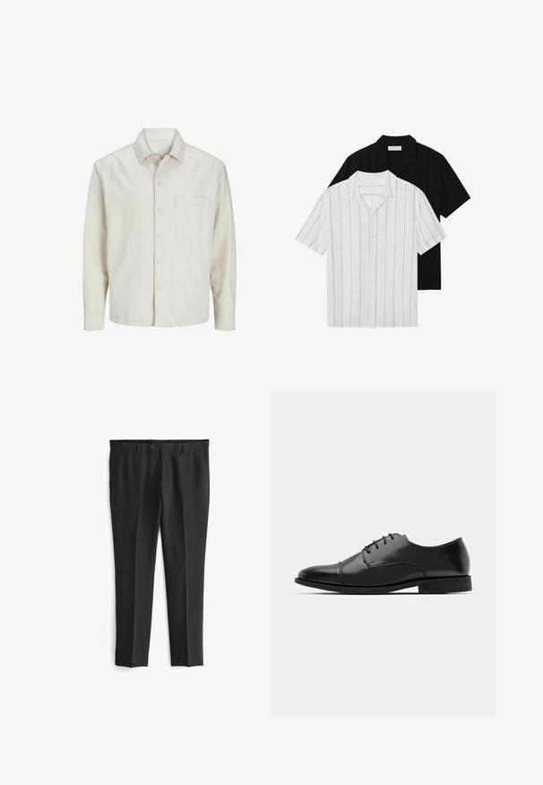 Bež srajca s gumbi, izdelana iz bombaža, s klasičnim ovratnikom, dolgimi rokavi, enim žepom na prsih in sproščenim krojem. Gladka, mehka tekstura.; Kratek rokav, srajce na gumbe v beli barvi z bež črtami in enobarvno črno. Obe imata klasičen ovratnik in gladko teksturo tkanine.; Črne krojene hlače z ravnim sprednjim delom, dvema stranskima žepoma in gumbom za zapiranje. Gladka tekstura in ravna kroja.; Črne usnjene moške čevlje z zaobljenim nosom, s sistemom vezalk, diskretnimi šivi in nizkih petah. Gladka tekstura s sijočim zaključkom.