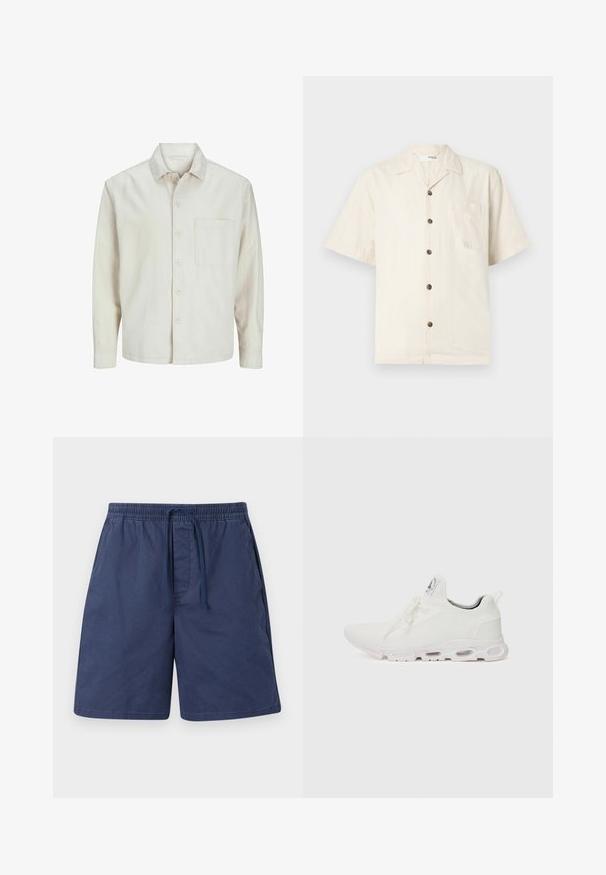 Bež košulja s dugim rukavima od pamuka, klasičnog ovratnika, s jednom džepom na prsima i opuštenim krojem. Glatka, meka tekstura.; Košulja kratkih rukava u boji slonovače, izrađena od lagane tkanine, s izrezanim ovratnikom, prednjim džepom i tamnosmešnim dugmadi.; Bordo plave kratke hlače napravljene od lagane tkanine, s elastičnim pojasom s vezicom, bočnim džepovima i opuštenim krojem.; Bijele atletske tenisice s gornjim dijelom od teksturiranog pletenog materijala, ravnim vezicama i jastučićem u potplatu s vidljivim zračnim komorama radi dodatne potpore.